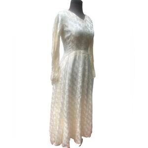 Vtg Creamy White Satin Brocade Button Front Peplum Back Victorian Coquette Dress